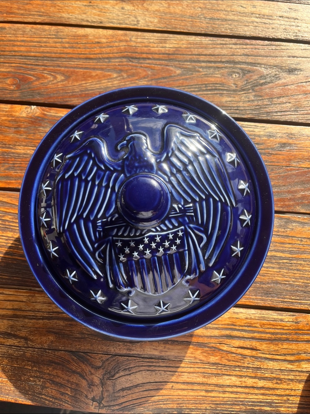 Longaberger Vintage Deep Blue Ceramic Covered Serving Dish with Embossed Eagle